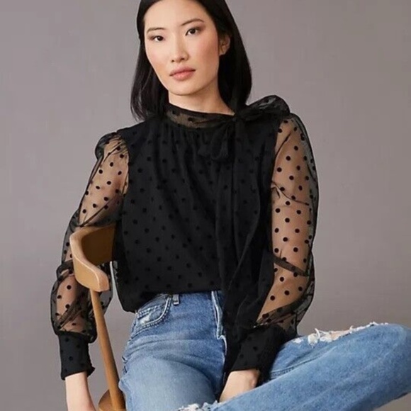 Anthropologie Maeve Tulle Black Tie Neck Blouse XS - Picture 1 of 4